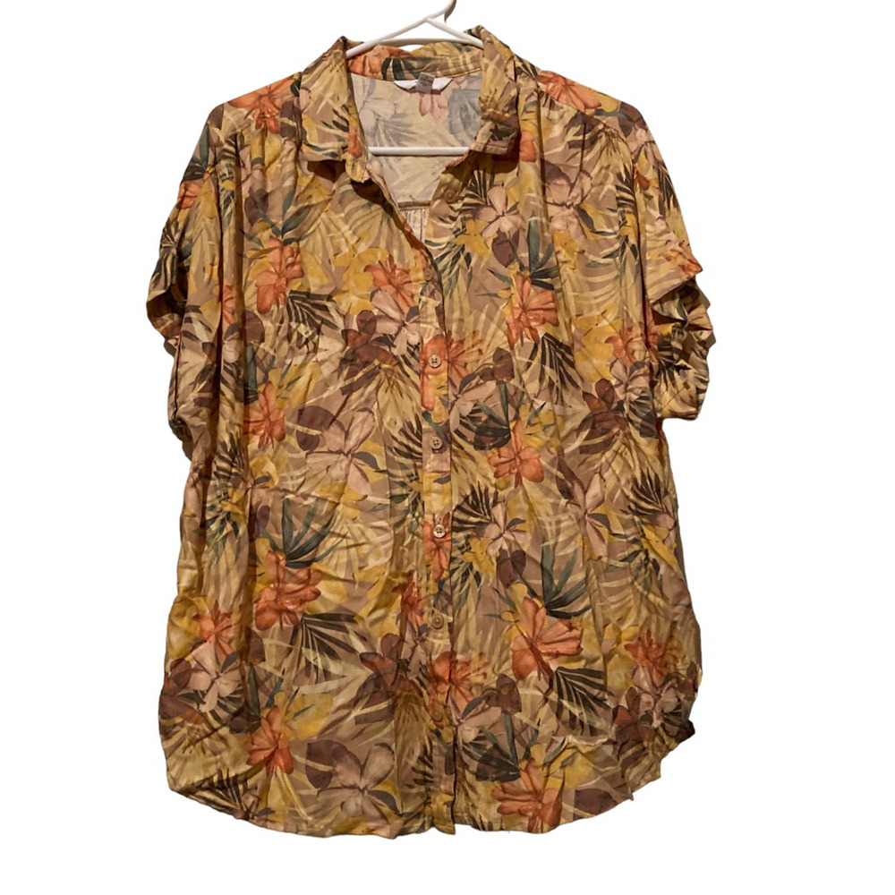 Time And Tru Womens Button Up Shirt Multicolor Hawaiian Tropical Short Sleeve‎ L